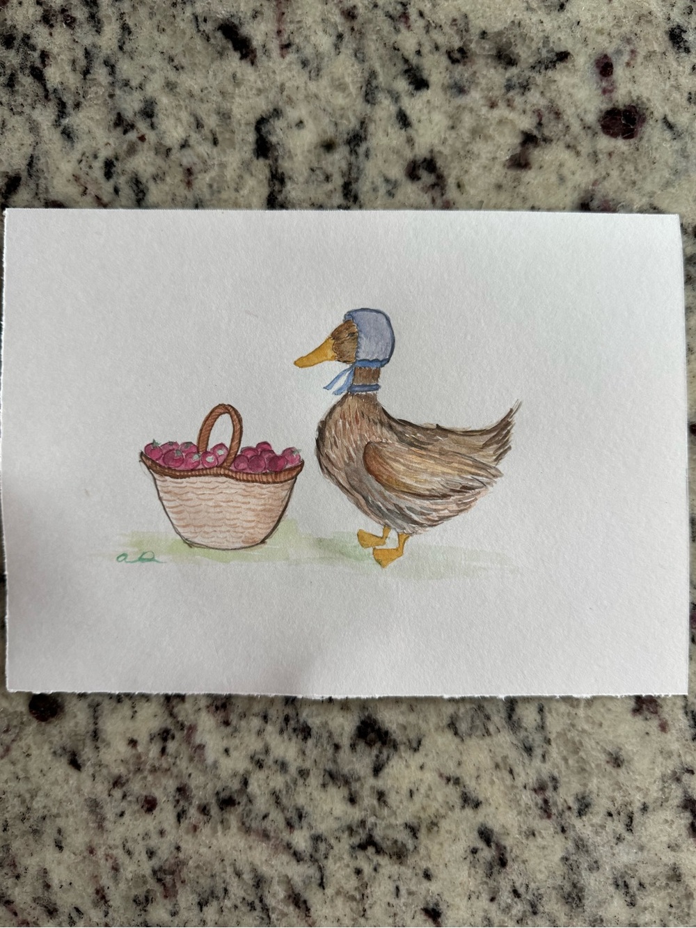 Hand-Painted Brown Duck Bird Art with Blue Bonnet- Watercolor